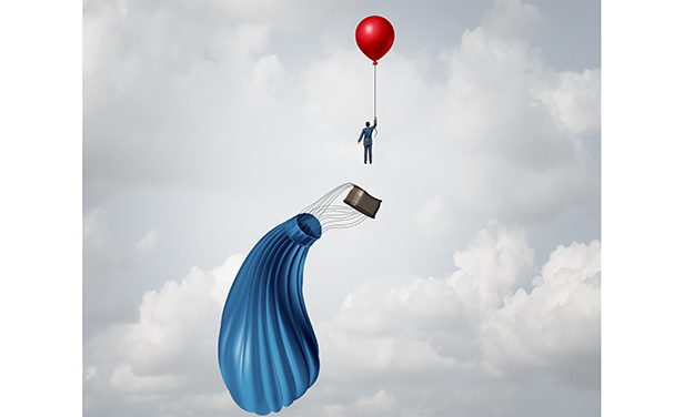 Stock illustration: Businessman escaping deflating balloon