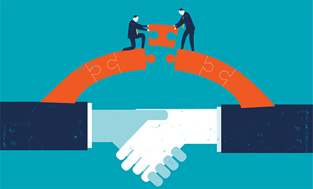 Stock illustration: Putting the final puzzle piece in a business relationship