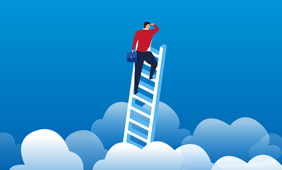 Stock illustration: Getting a view above the clouds