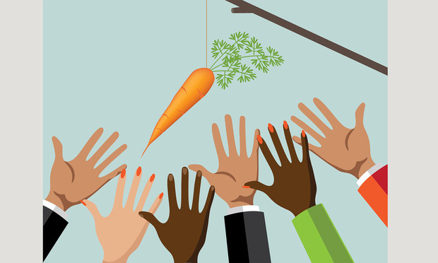 Stock illustration: Hands reaching for a dangling carrot