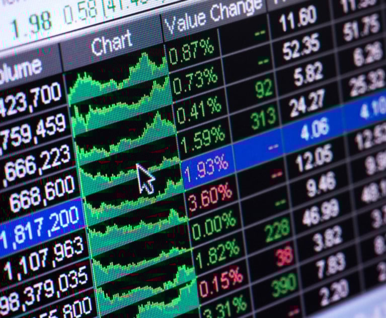 Stylized photo of the screen of a stock trader showing some stock values going up and others going down.