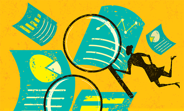 Stock illustration: Inspecting documents with magnifying glass