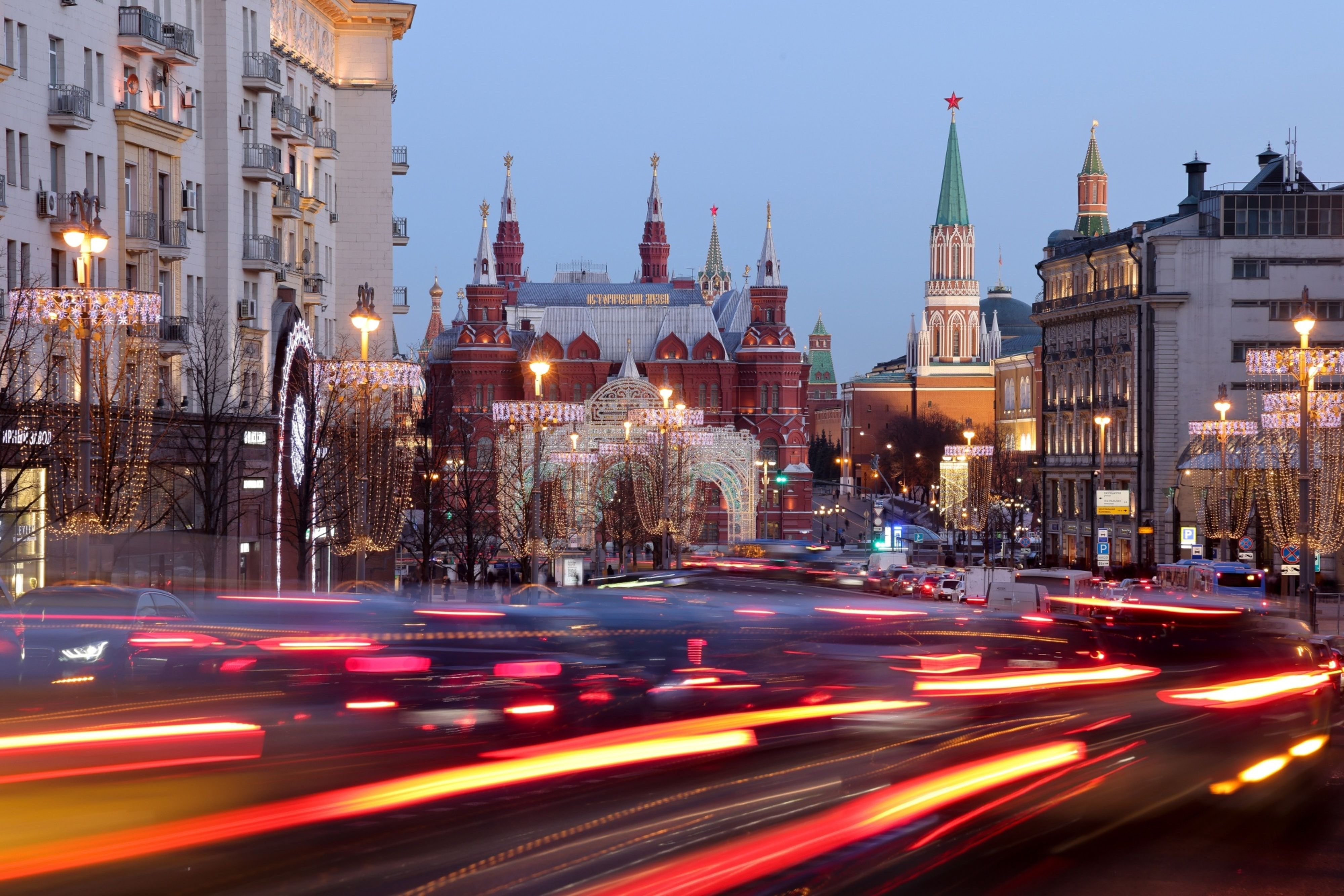 Tverskaya Street and the State Historical Museum. Moscow, Russia, February 28, 2022.