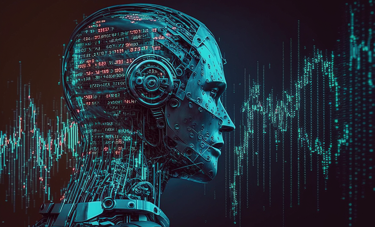 Stock illustration: Robot analyzing FX data