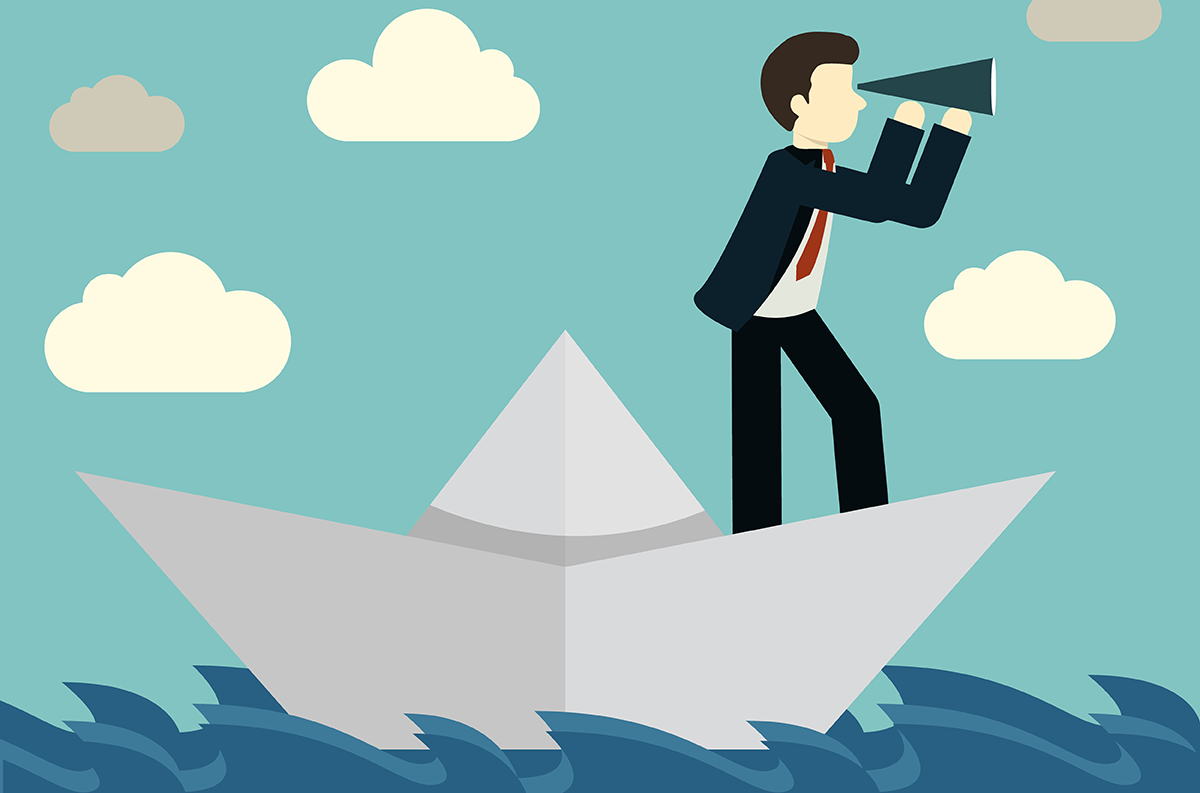 Illustration: Businessman looking to the future while steering the boat