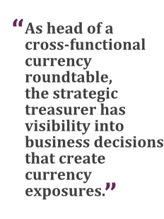 "As head of a cross-functional currency roundtable, the strategic treasurer has visibility into business decisions that create currency exposures."