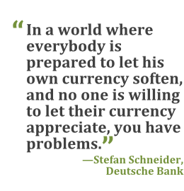 "In a world where everybody is prepared to let his own currency soften, and no one is willing to let their currency appreciate, you have problems." --Stefan Schneider, Deutsche Bank