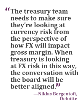 "The treasury team needs to make sure they're looking at currency risk from the perspective of how FX will impact gross margin. When treasury is looking at FX risk in this way, the conversation with the board will be better aligned." --Niklas Bergentoft, Deloitte