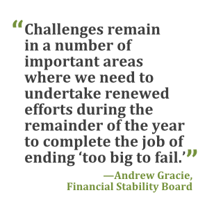 "Challenges remain in a number of important areas where we need to undertake renewed efforts during the remainder of the year to complete the job of ending 'too big to fail.'" --Andrew Gracie, Financial Stability Board