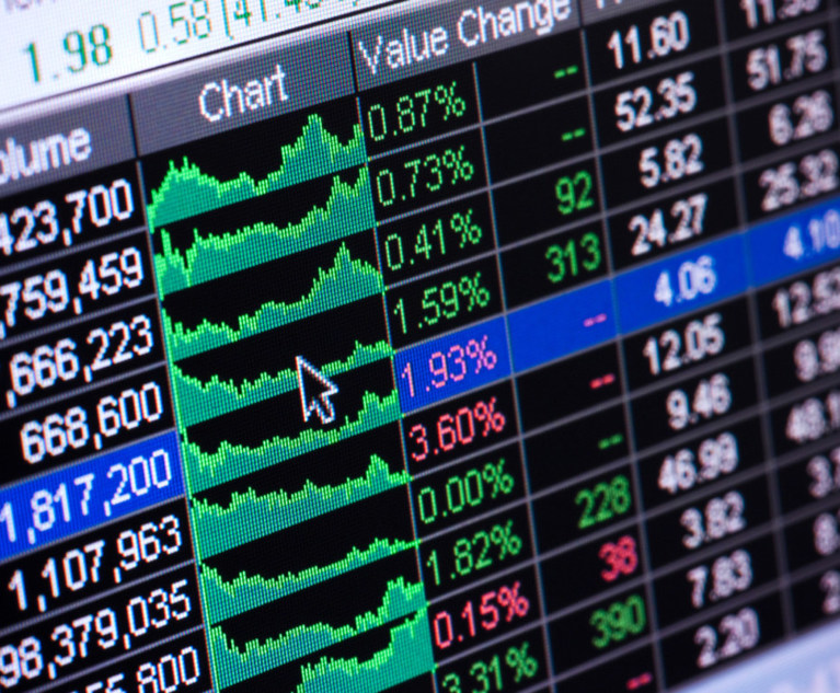 Stylized photo of the screen of a stock trader showing some stock values going up and others going down.