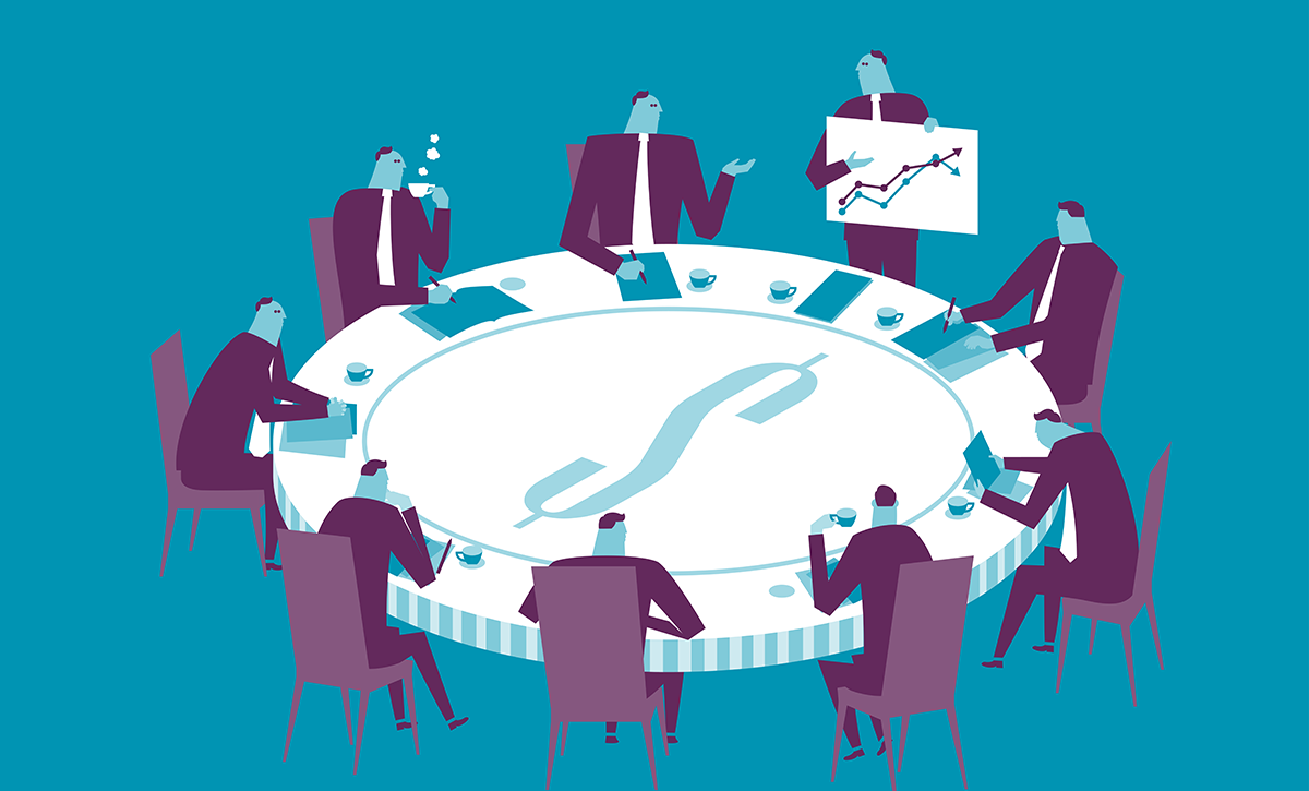 Stock illustration: Business meeting at a table made of money