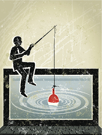 Phishing! A stylized vector cartoon of a businessman fishing in a computer.