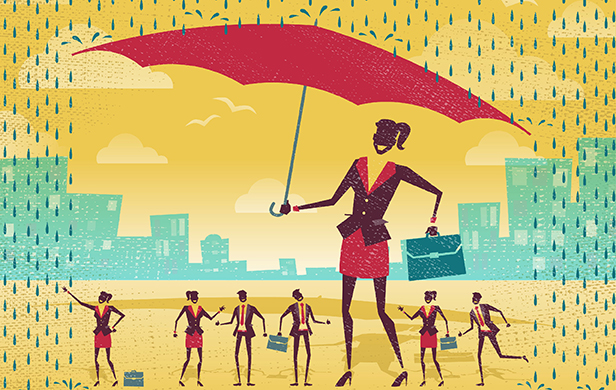 Stock illustration: Protecting businesspeople from rainstorm