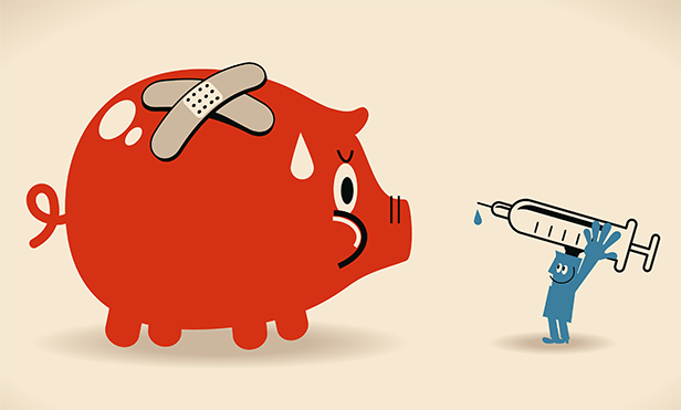 Stock illustration: Giving a piggy bank a shot
