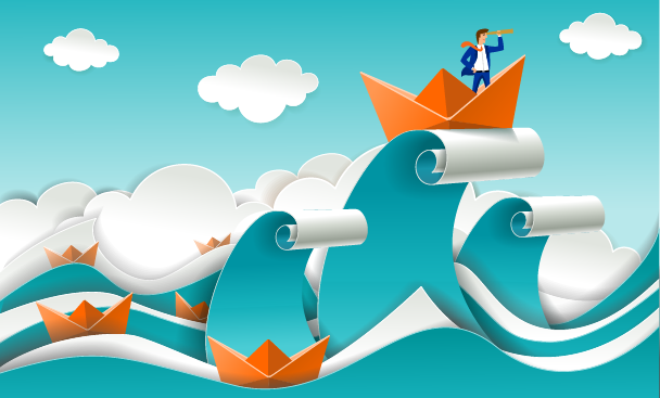 Stock illustration: Origami boat on a large wave