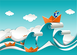 Stock illustration: Origami boat on a large wave