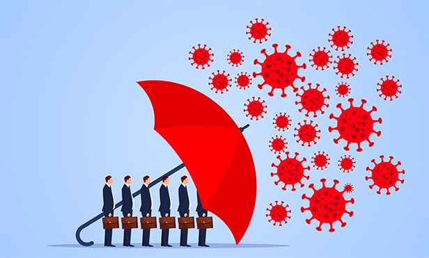 Stock illustration: Umbrella protecting businessmen from Covid