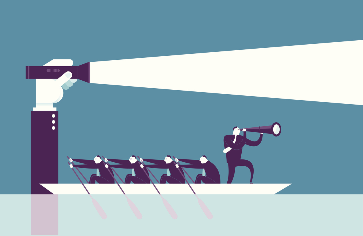 Stock illustration: A light guides rowers in the right direction
