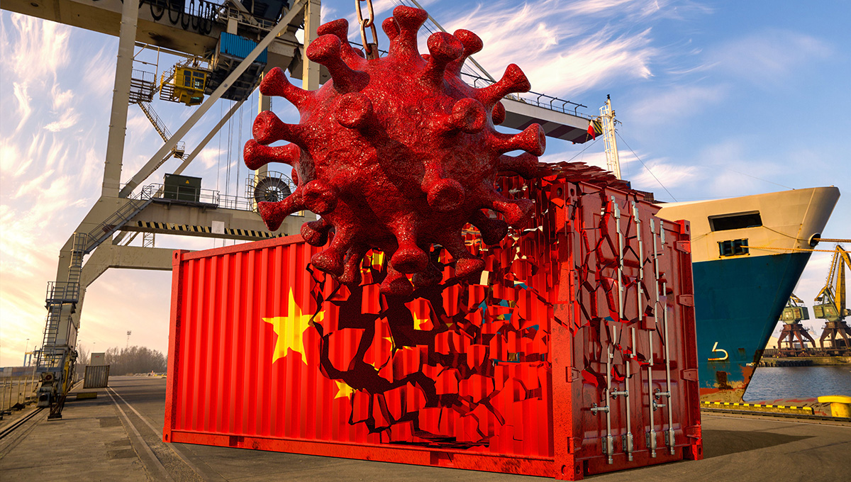 Stock image illustrating Chinese shipping container being pummeled by Covid. Credit: Mike Mareen/Adobe Stock