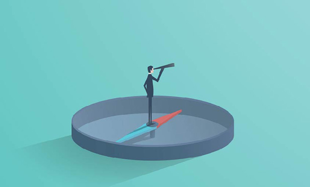 Stock illustration: Business direction concept, businessman standing on compass showing direction. 