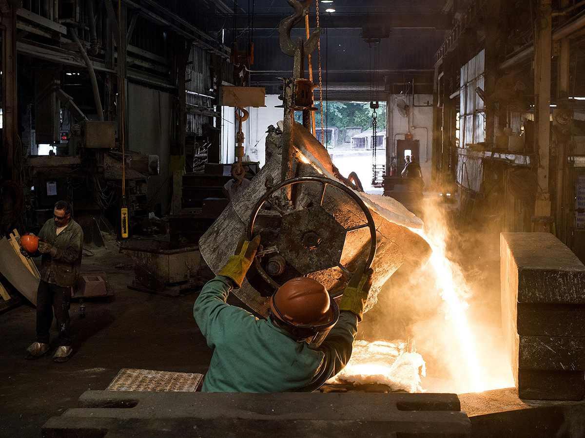 Photo: Molten steel is poured into a large mold at a castings facility in Salem, Ohio. Photographer: Ty Wright/Bloomberg