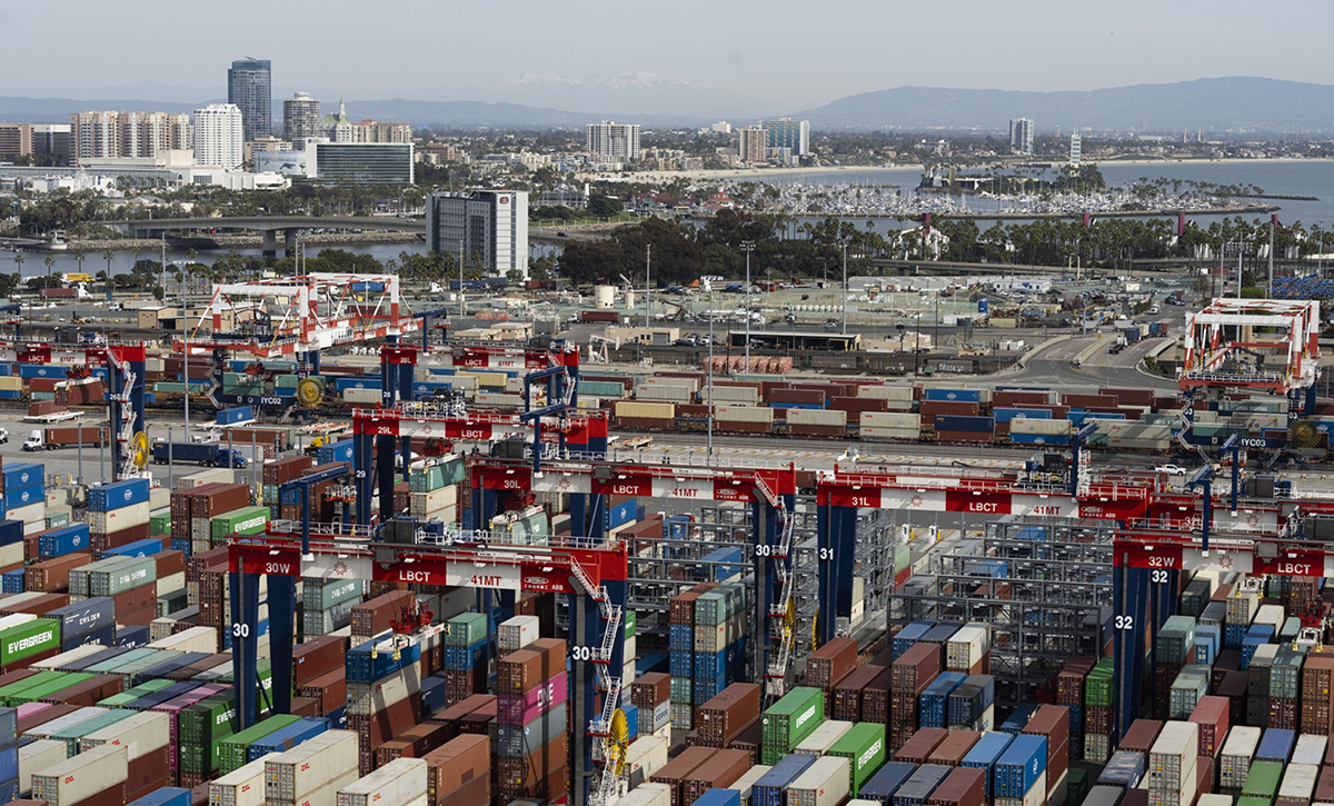 Photo: Shipping containers at the port in Long Beach, California. Photographer: Lauren Justice/Bloomberg