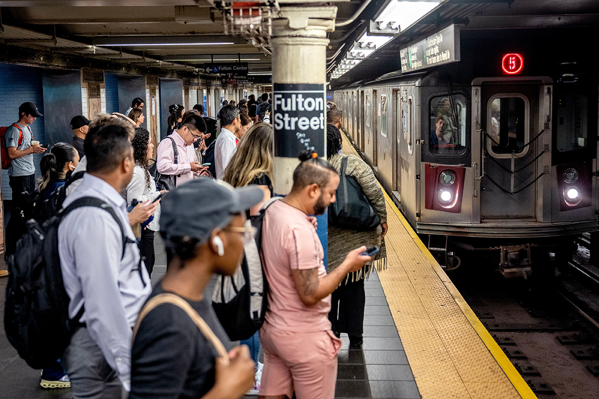 Photo: Commuters during the morning rush hour at the Fulton Center subway station in New York City on July 30, 2024. 