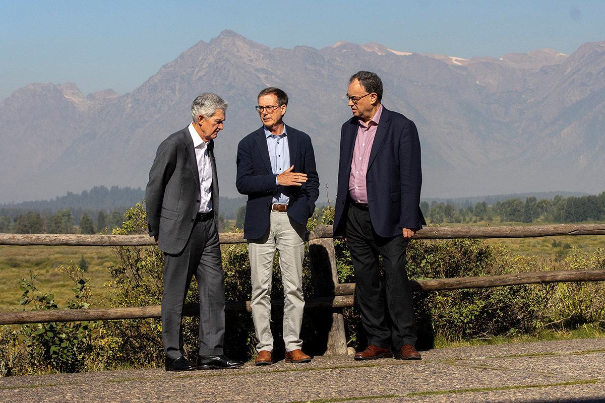 Photo: From left: Fed Chair Jerome Powell; Tiff Macklem, governor of the Bank of Canada; and Andrew Bailey, governor of the Bank of England, during the Kansas City Federal Reserve's Jackson Hole Economic Policy Symposium.