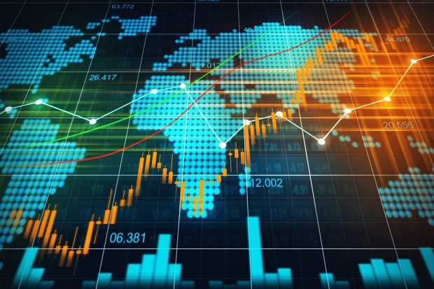 stock tickers and world map