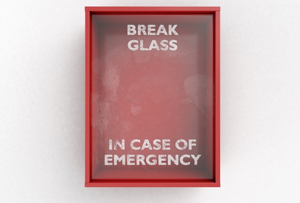 Photo: empty glass box says break glass in case of emergency