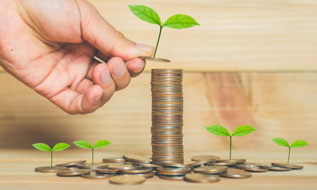 Stock image: Plants growing from saved coins