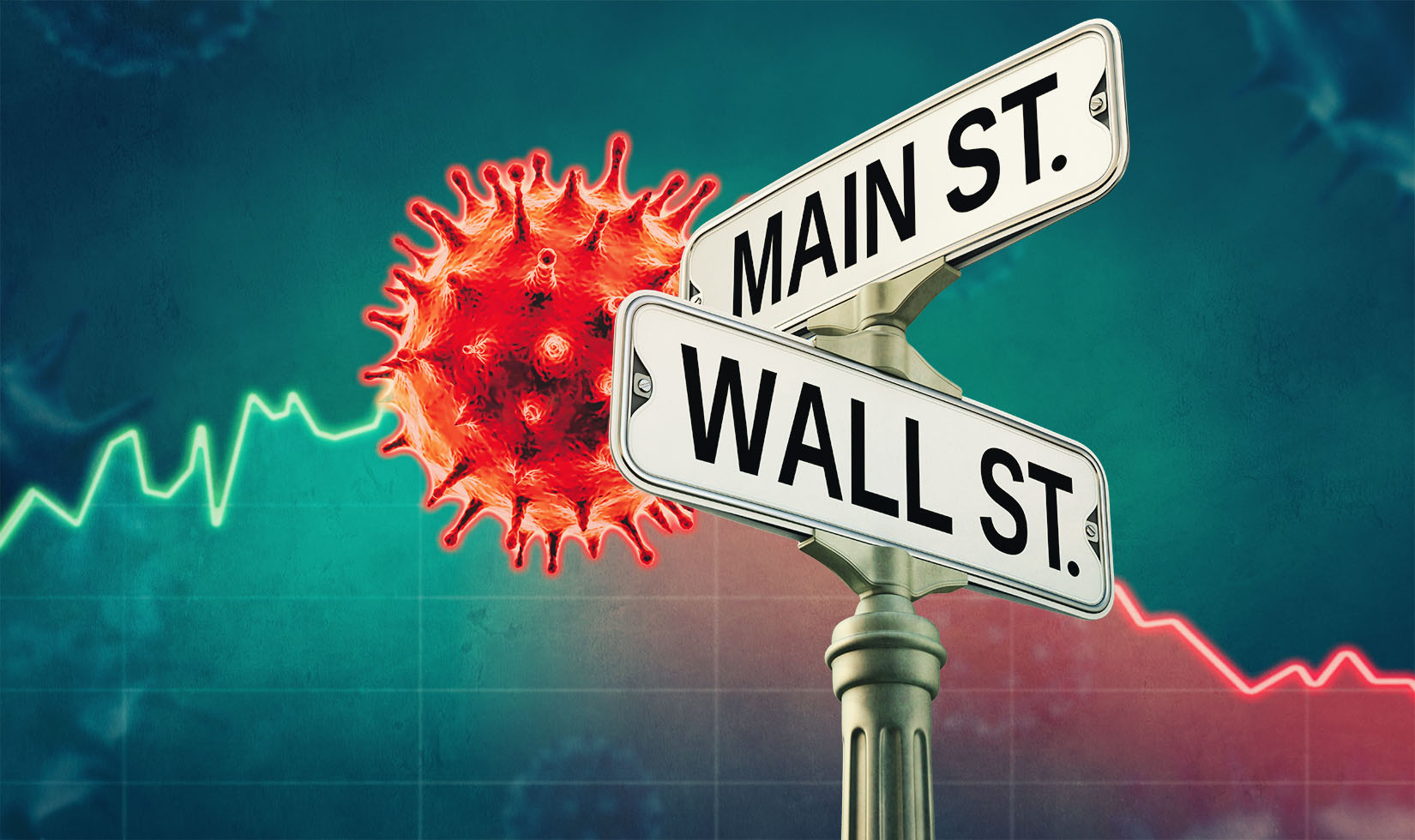 Illustration of Covid virus next to Main Street and Wall Street signs